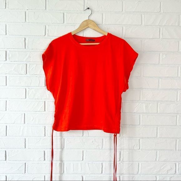 Zara Red Ruched Tie Side Dolman Sleeve T Shirt L - Picture 2 of 9